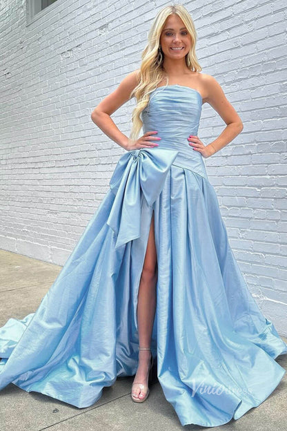 Strapless Red Bow Tie Prom Dresses 2024 Satin Formal Gowns with Slit FD3043-prom dresses 2025 -Viniodress-Red-Custom Size-