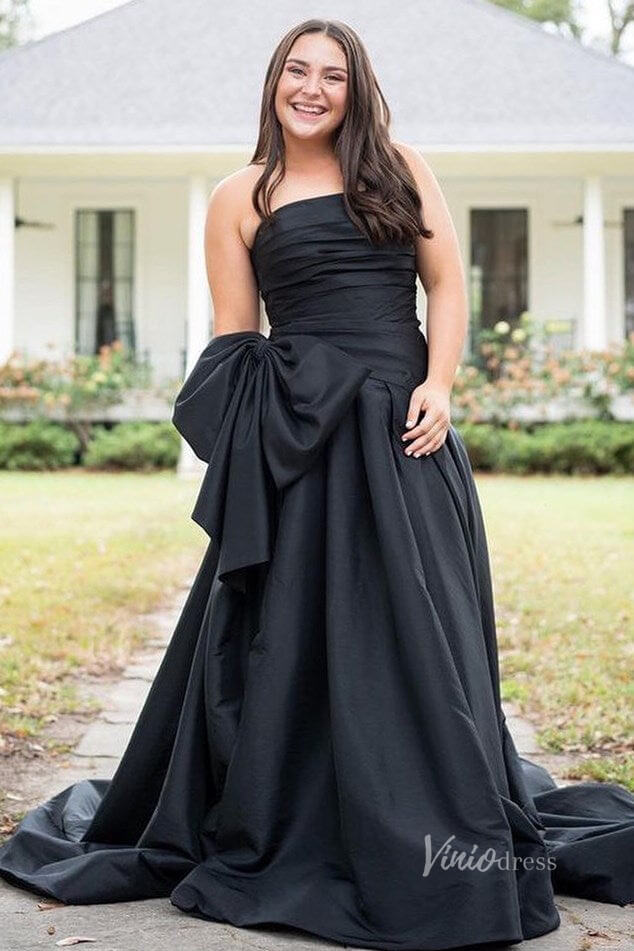 Strapless Red Bow Tie Prom Dresses 2024 Satin Formal Gowns with Slit FD3043-prom dresses 2025 -Viniodress-Black-Custom Size-