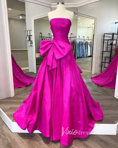 Strapless Red Bow Tie Prom Dresses 2024 Satin Formal Gowns with Slit FD3043-prom dresses 2025 -Viniodress-Fuchsia-Custom Size-