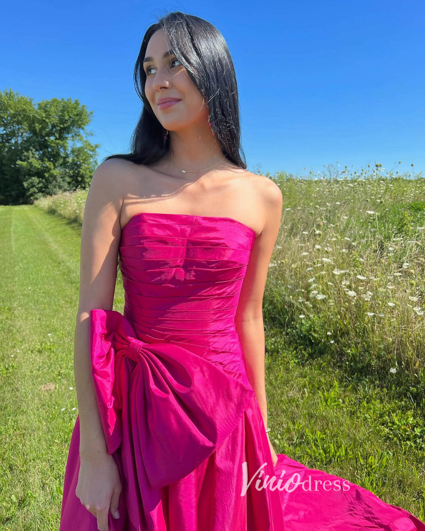 Strapless Red Bow Tie Prom Dresses 2024 Satin Formal Gowns with Slit FD3043-prom dresses 2025 -Viniodress-Red-Custom Size-