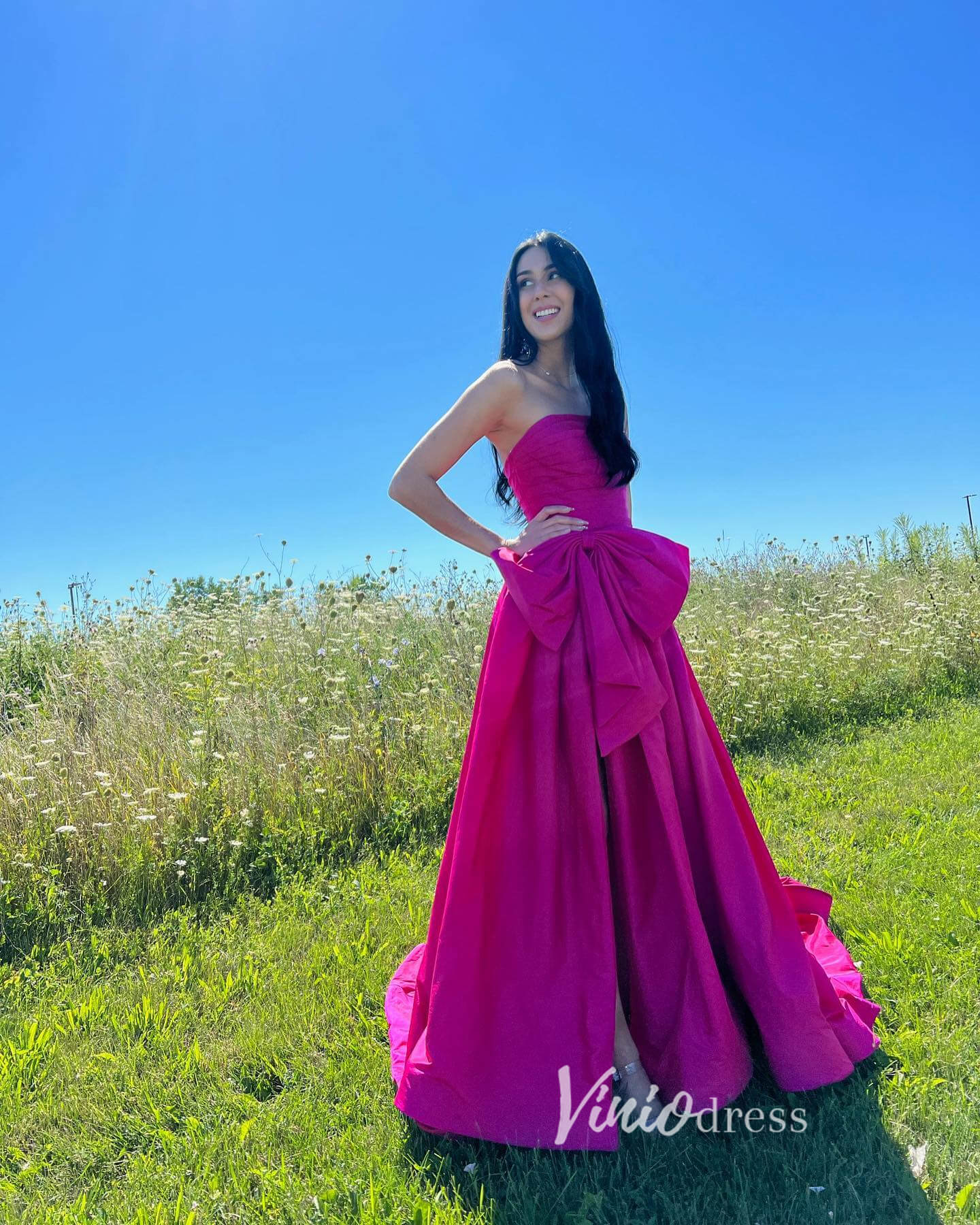 Strapless Red Bow Tie Prom Dresses 2024 Satin Formal Gowns with Slit FD3043-prom dresses 2025 -Viniodress-Red-Custom Size-