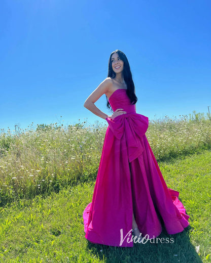 Strapless Red Bow Tie Prom Dresses 2024 Satin Formal Gowns with Slit FD3043-prom dresses 2025 -Viniodress-Red-Custom Size-