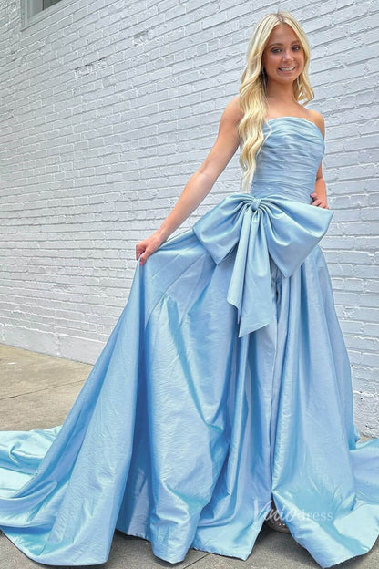 Strapless Red Bow Tie Prom Dresses 2024 Satin Formal Gowns with Slit FD3043-prom dresses 2025 -Viniodress-Light Blue-Custom Size-