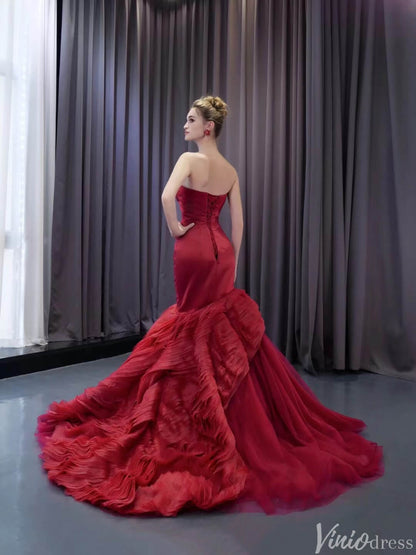 Strapless Red Mermaid Ruffle Wedding Dresses Pageant Prom Gown 241103-Prom Dresses 2025 -Viniodress-Red-Custom Size-