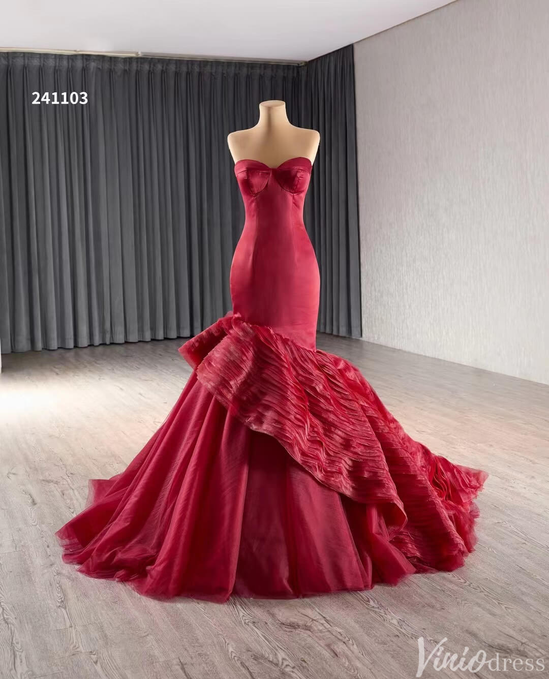 Strapless Red Mermaid Ruffle Wedding Dresses Pageant Prom Gown 241103-Prom Dresses 2025 -Viniodress-Red-Custom Size-