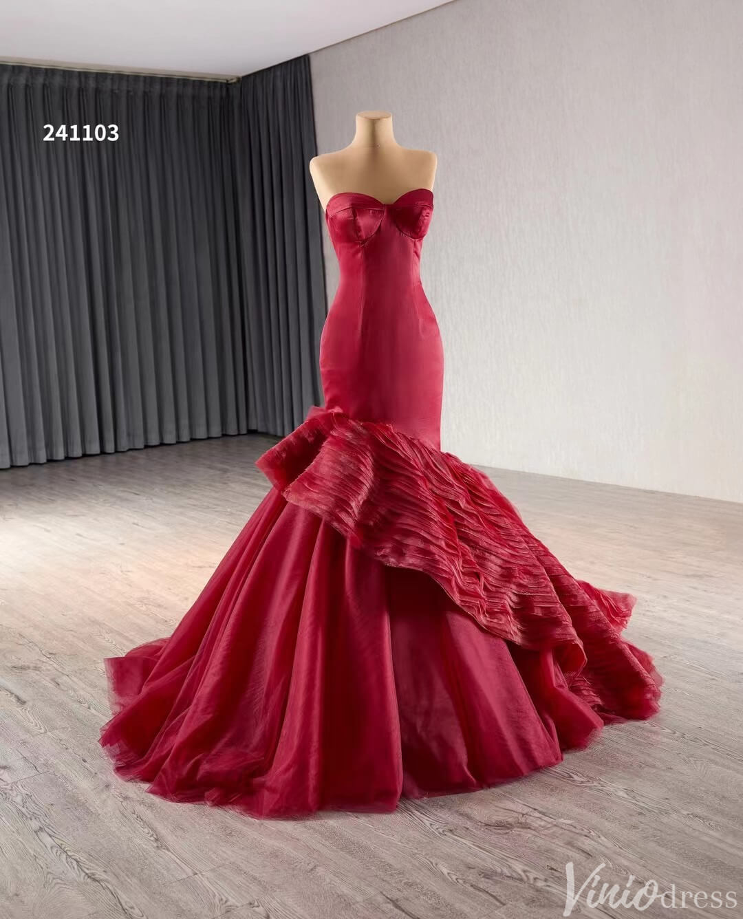 Strapless Red Mermaid Ruffle Wedding Dresses Pageant Prom Gown 241103-Prom Dresses 2025 -Viniodress-Red-Custom Size-