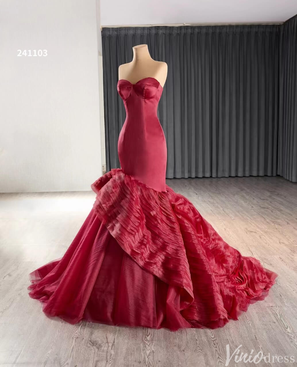 Strapless Red Mermaid Ruffle Wedding Dresses Pageant Prom Gown 241103-Prom Dresses 2025 -Viniodress-Red-Custom Size-