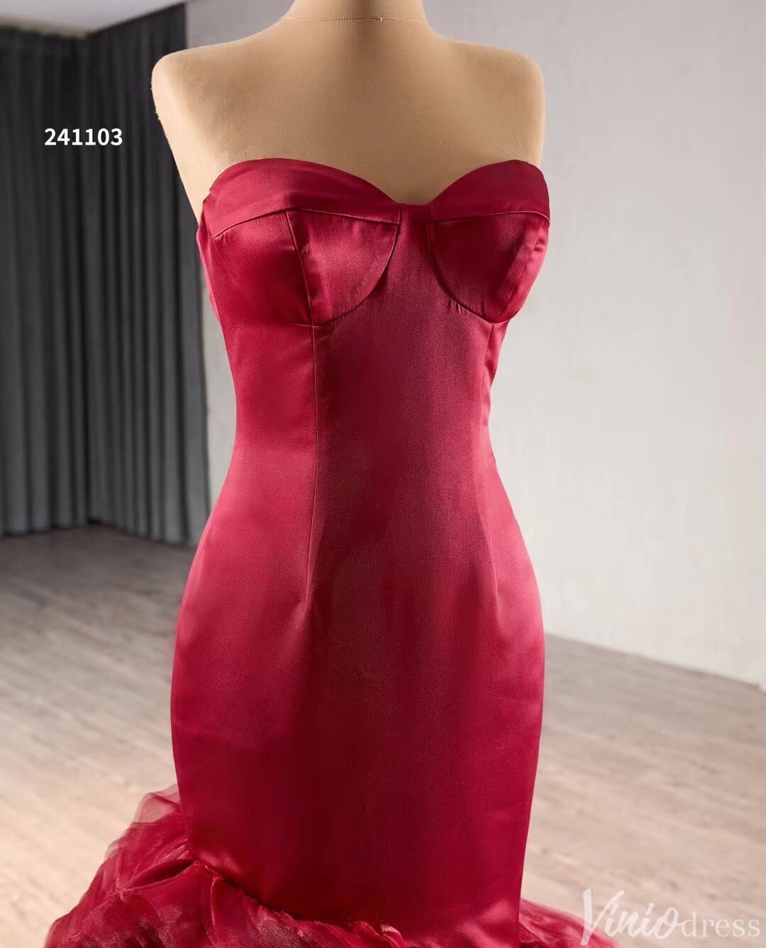 Strapless Red Mermaid Ruffle Wedding Dresses Pageant Prom Gown 241103-Prom Dresses 2025 -Viniodress-Red-Custom Size-