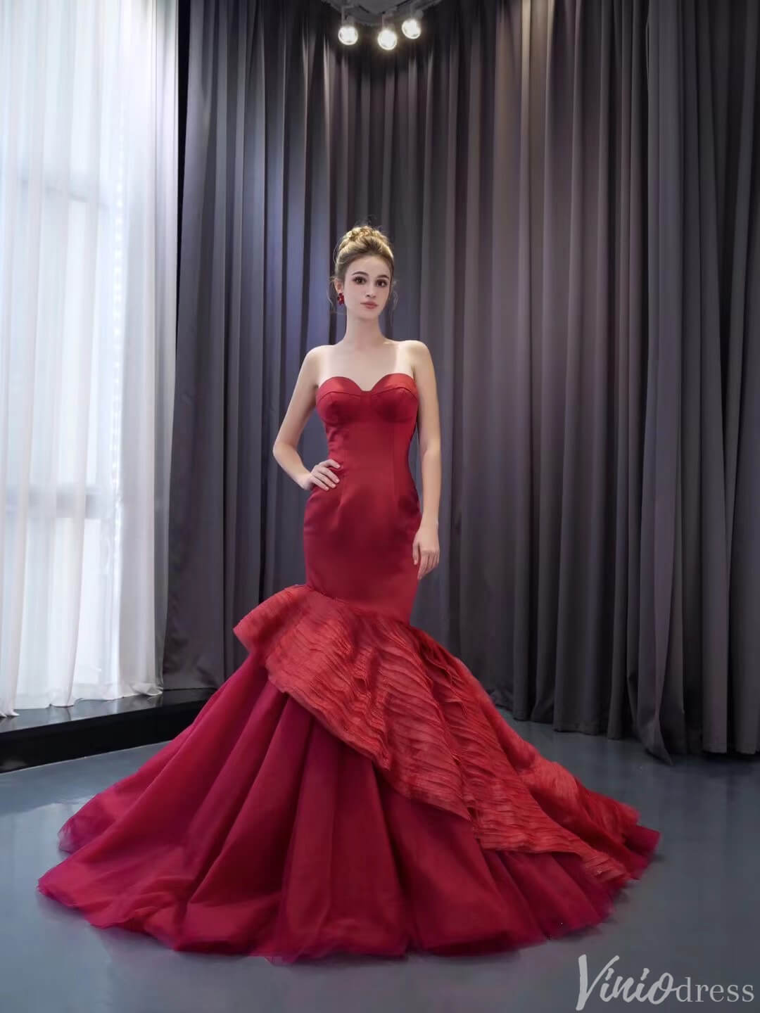 Strapless Red Mermaid Ruffle Wedding Dresses Pageant Prom Gown 241103-Prom Dresses 2025 -Viniodress-Red-Custom Size-