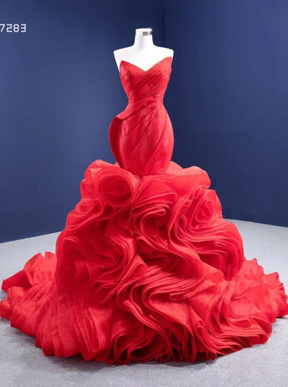 Strapless Red Mermaid Wedding Dresses Ruffled Rosette Pageant Gown 67283 viniodress-prom dresses 2025 -Viniodress-Red-Custom Size-