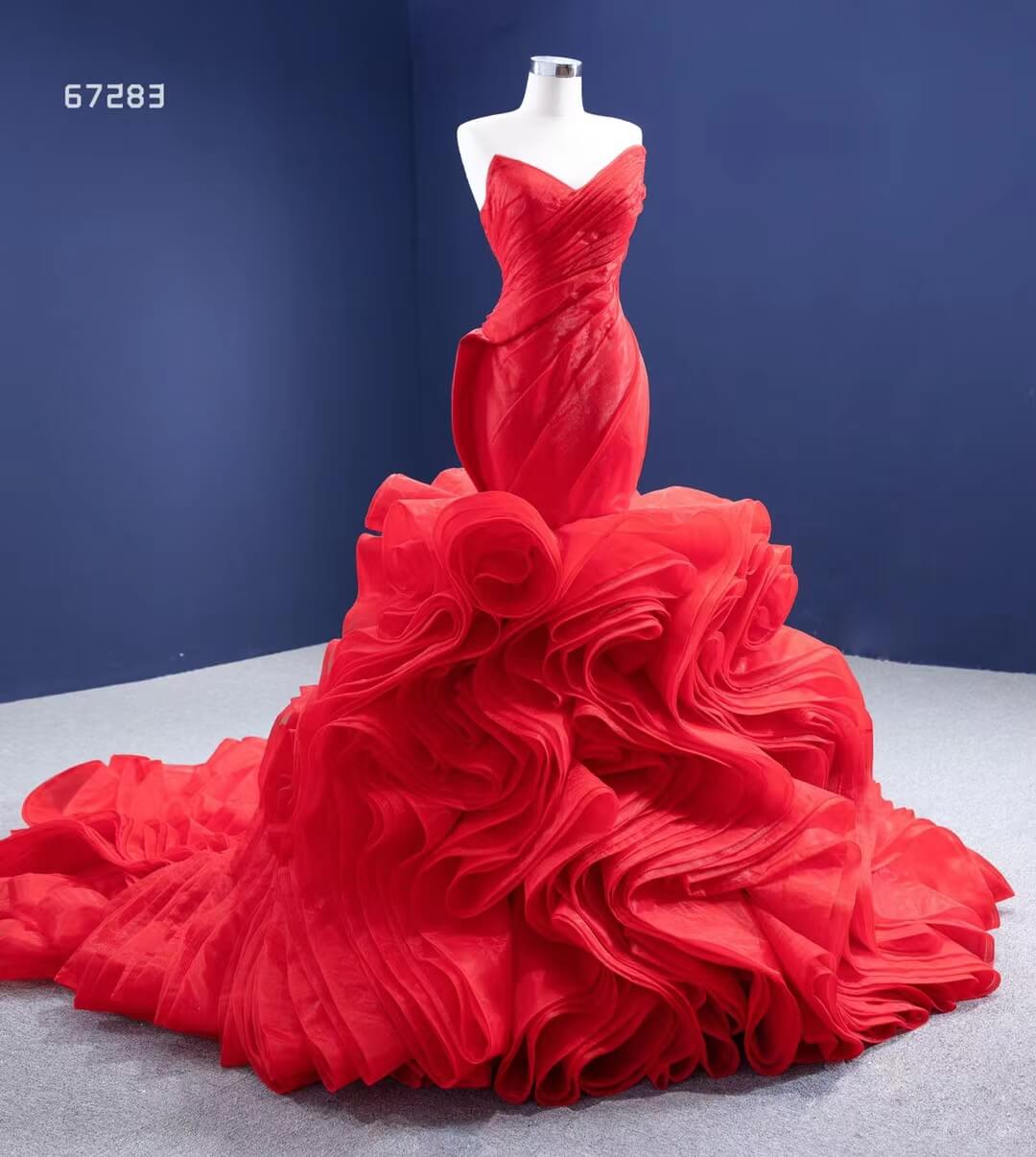 Strapless Red Mermaid Wedding Dresses Ruffled Rosette Pageant Gown 67283 viniodress-prom dresses 2025 -Viniodress-Red-Custom Size-