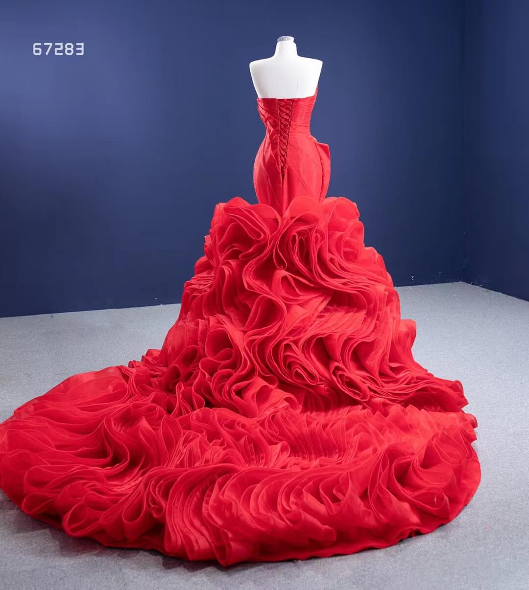 Strapless Red Mermaid Wedding Dresses Ruffled Rosette Pageant Gown 67283 viniodress-prom dresses 2025 -Viniodress-Red-Custom Size-