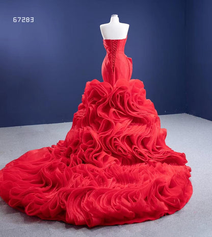 Strapless Red Mermaid Wedding Dresses Ruffled Rosette Pageant Gown 67283 viniodress-prom dresses 2025 -Viniodress-Red-Custom Size-