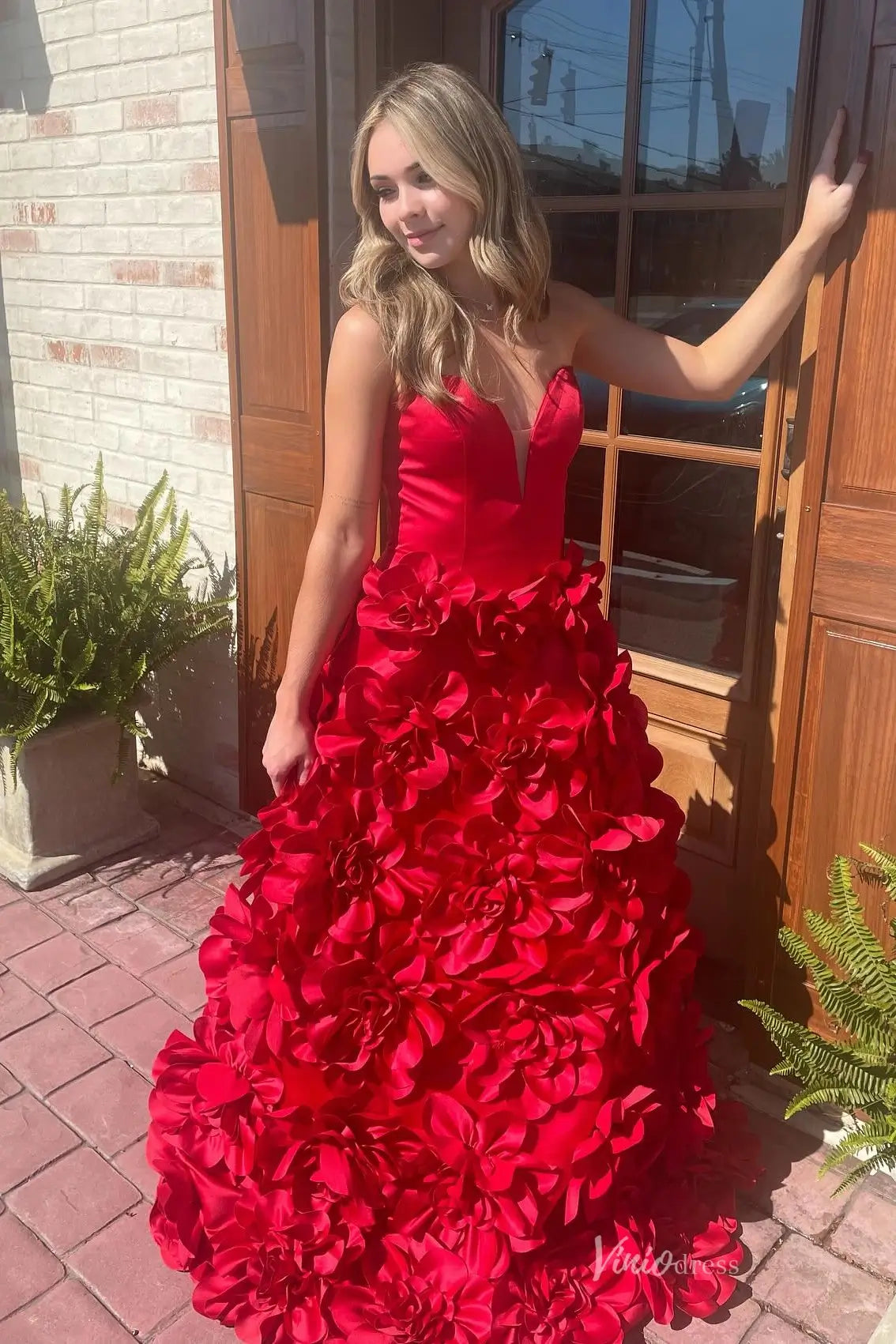 Strapless Red Satin Prom Dress with 3D Floral Appliqués Ball Gown Skirt RF1117-prom dresses 2026-Viniodress-Red-Custom Size-