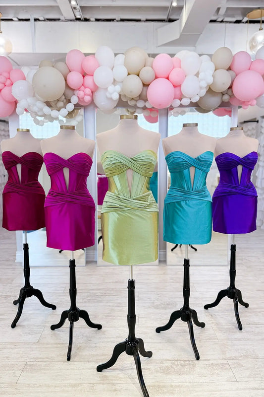 Strapless Ruched Satin Homecoming Dress with Twist Bodice, Deep V Cutout & Wrapped Waist – HB004-prom dresses 2026-Viniodress-Sage-Custom Size-