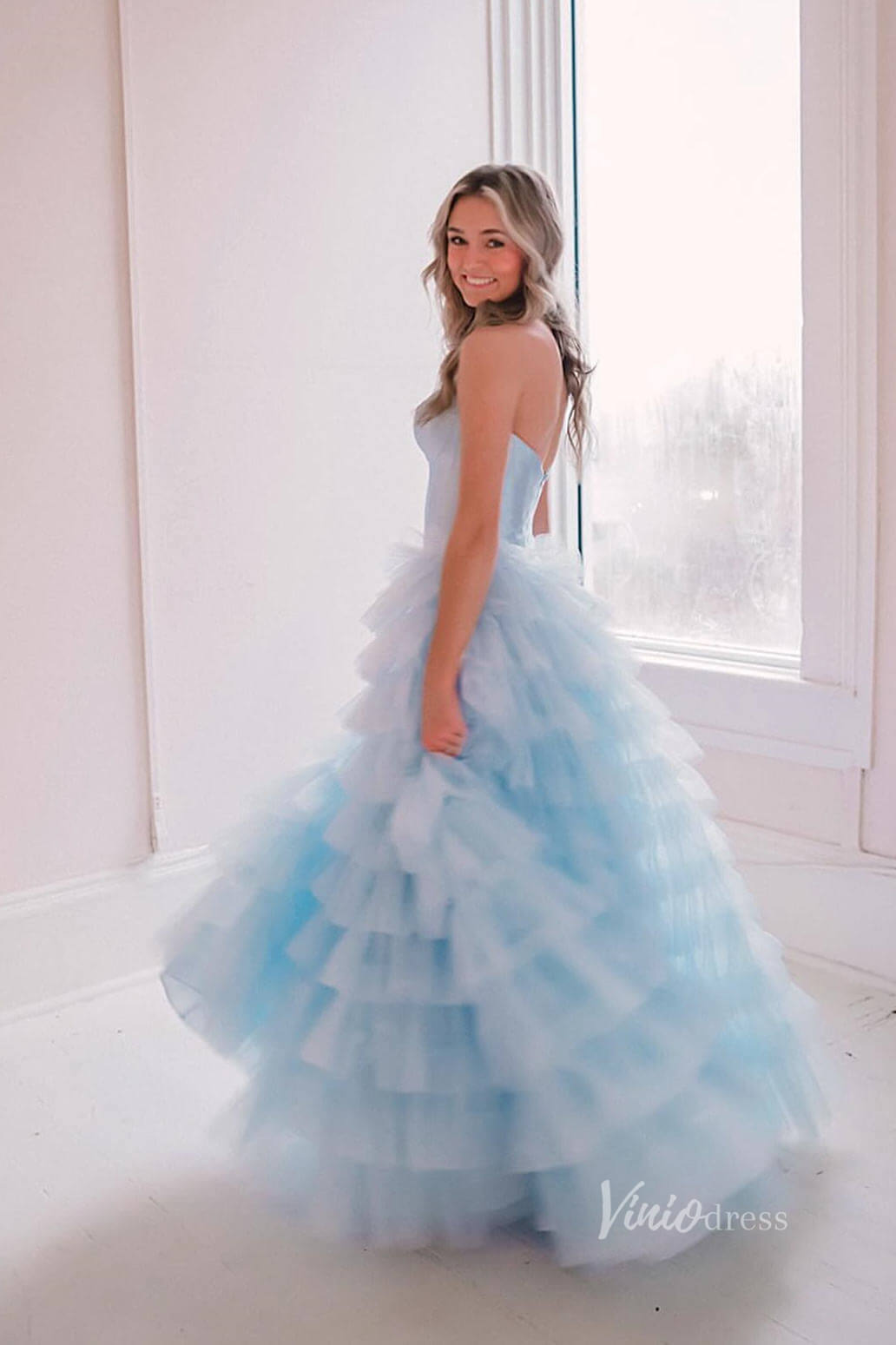 Strapless Ruffle Prom Dresses with Slit Satin Bodice FD4001-prom dresses 2025 -Viniodress-Light Blue-Custom Size-