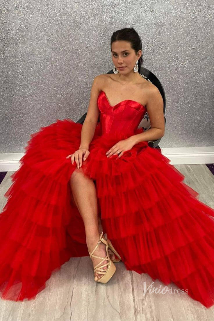 Strapless Ruffle Prom Dresses with Slit Satin Bodice FD4001-prom dresses 2025 -Viniodress-Red-Custom Size-