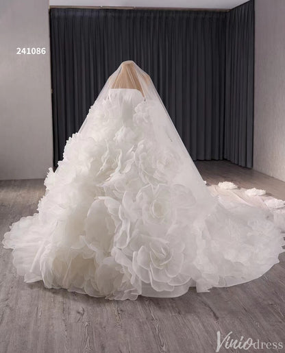 Strapless Ruffle Rosette Flower Balll Gown Wedding Dresses with Veil 241086-wedding dresses 2025 -Viniodress-Ivory-Custom Size-No Veil