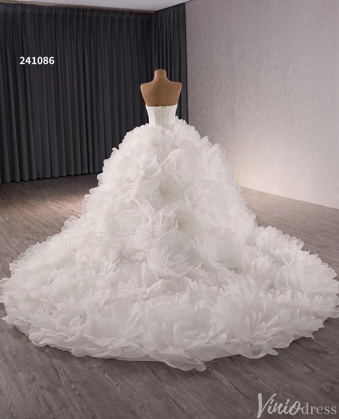 Strapless Ruffle Rosette Flower Balll Gown Wedding Dresses with Veil 241086-wedding dresses 2025 -Viniodress-Ivory-Custom Size-No Veil