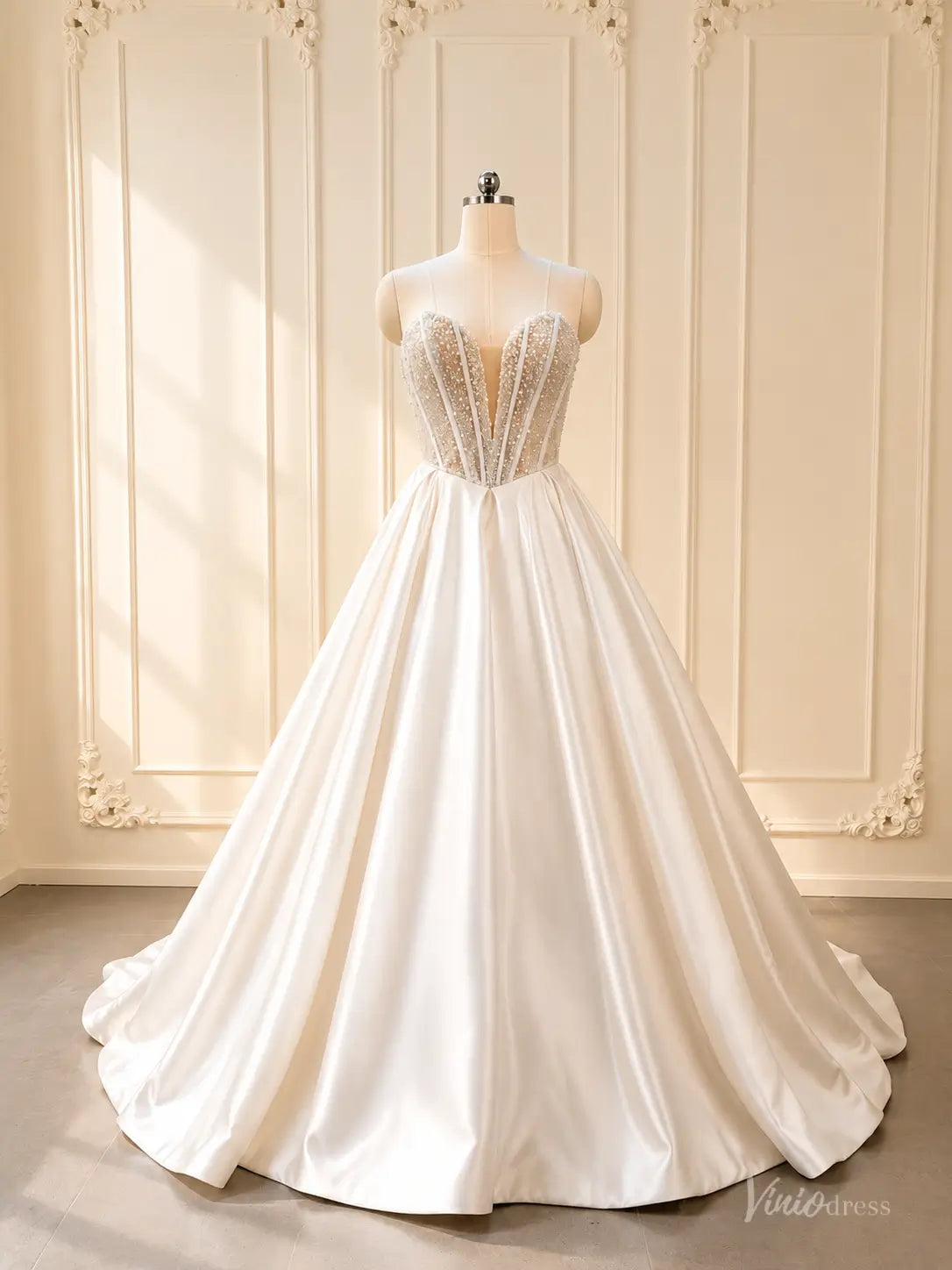 Strapless Satin Ball Gown Wedding Dress with Pearl Beaded Corset Bodice – MS101