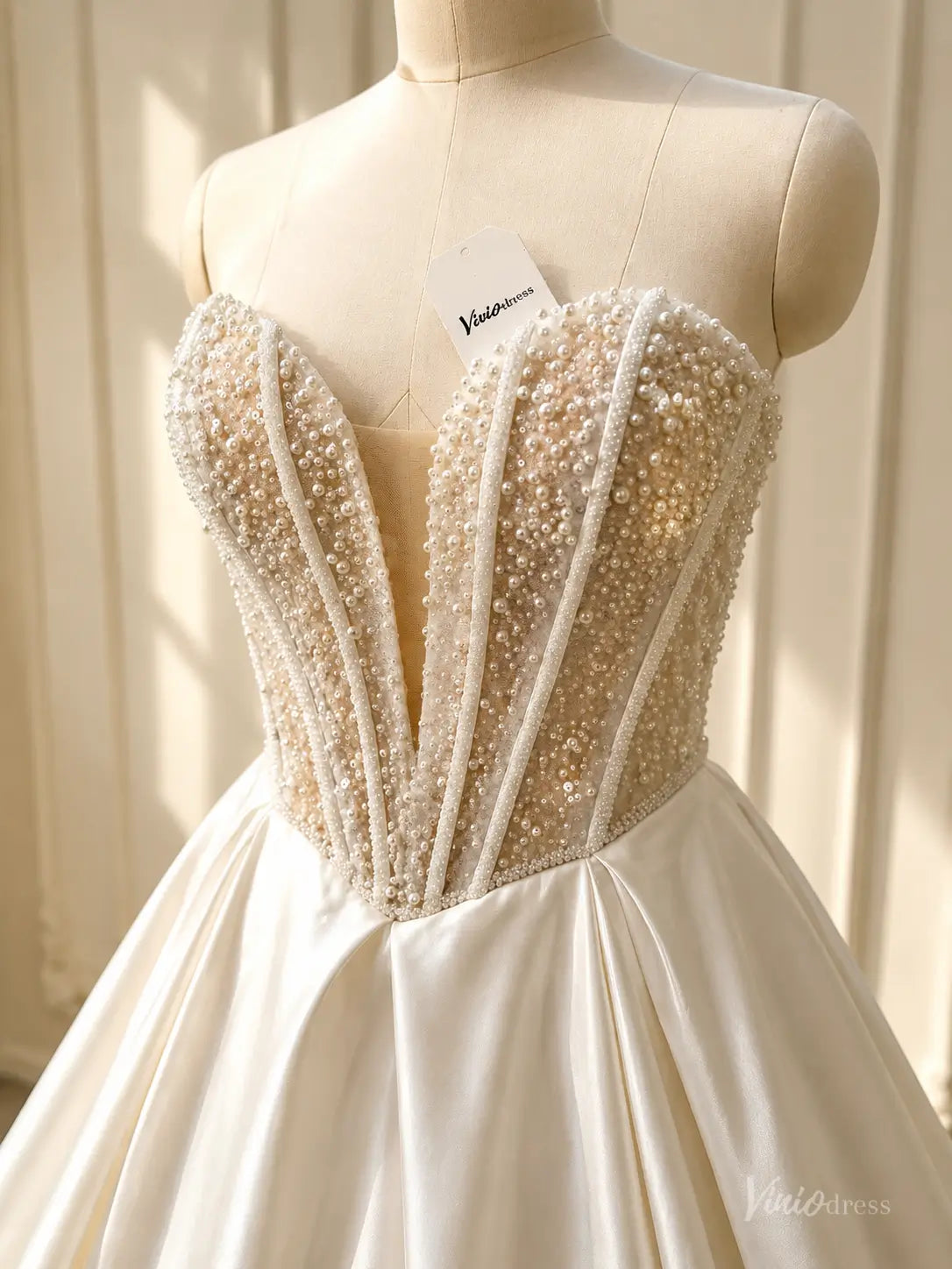Satin Ball Gown Wedding Dress with Pearl Corset Bodice – MS101 – Viniodress