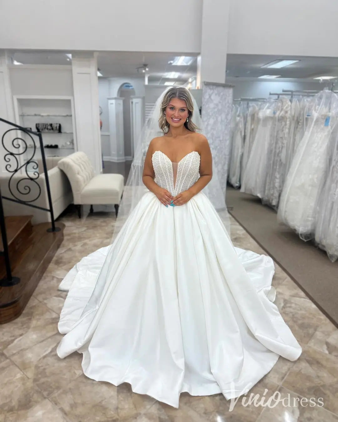 Satin Ball Gown Wedding Dress with Pearl Corset Bodice – MS101 – Viniodress