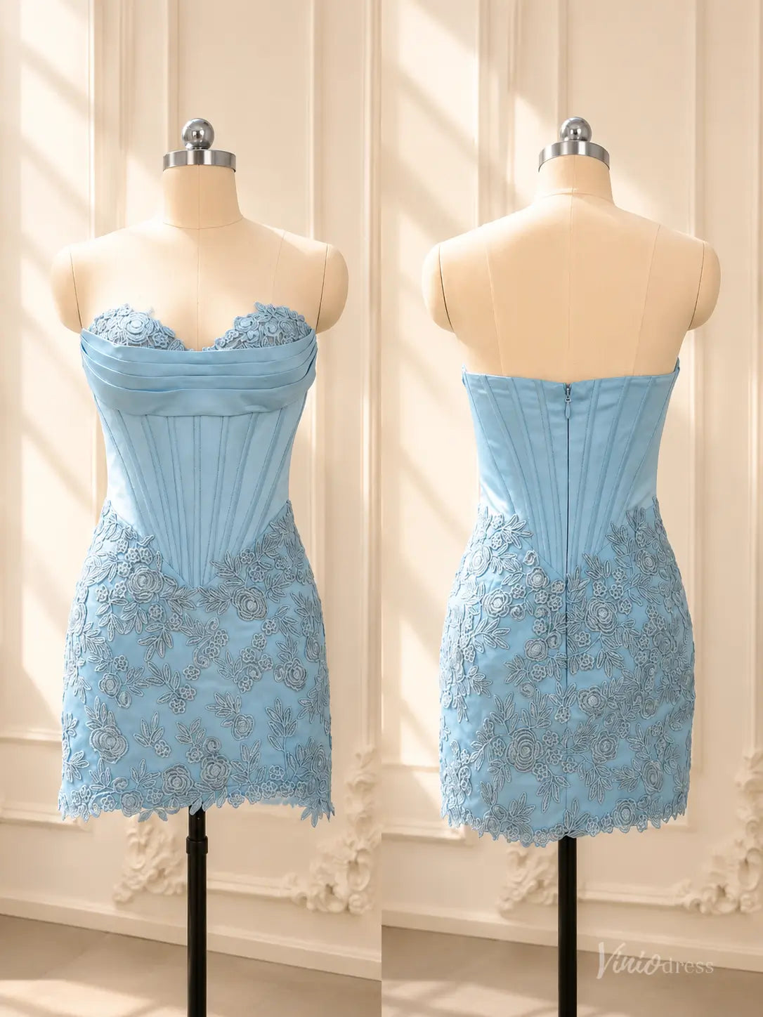 Blue strapless satin corset homecoming dress with lace sweetheart neck and fitted mini skirt.