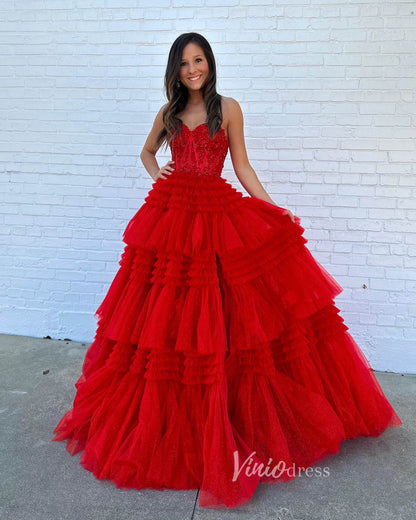 Strapless Shiny Tulle Ruffle Prom Dresses with Slit Pink Tiered Ball Gown FD2993B-prom dresses 2025 -Viniodress-Pink-Custom Size-