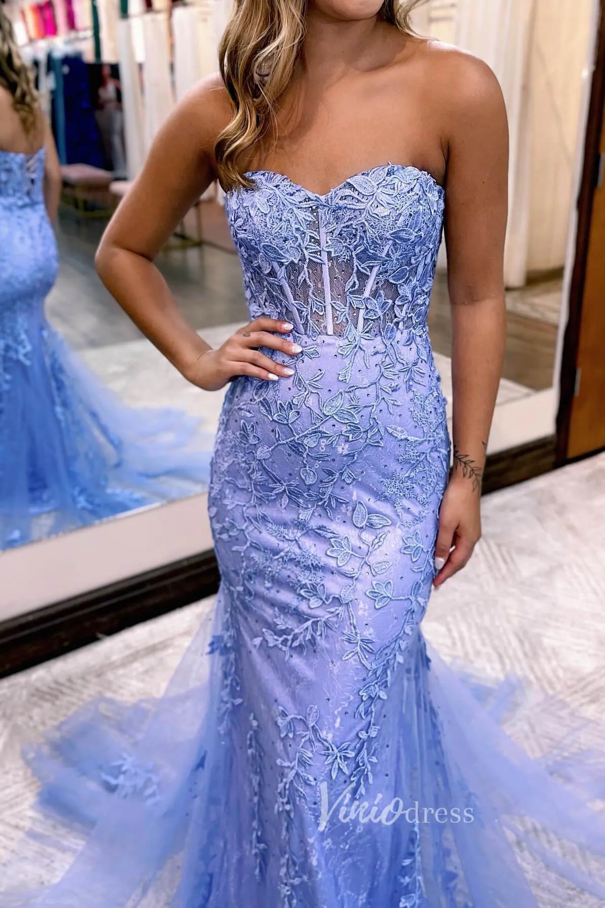 Strapless Sweetheart Long Mermaid Lace Prom Dresses Lace-up Back FD1250M-prom dresses 2025 -Viniodress-Hot Pink-Custom Size-