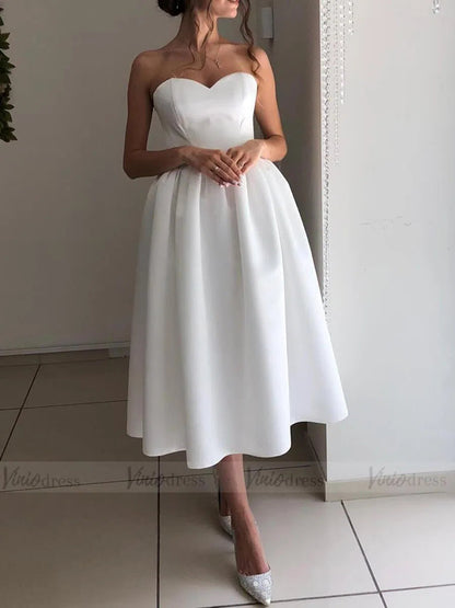Strapless Tea Length Beach Wedding Dresses Under 200 VW1363-wedding dresses 2025 -Viniodress-Ivory-Custom Size-