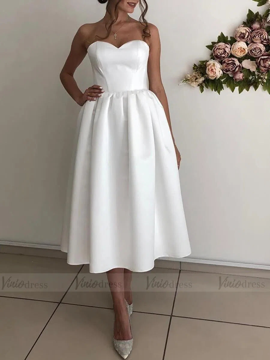 Strapless Tea Length Beach Wedding Dresses Under 200 VW1363-wedding dresses 2025 -Viniodress-Ivory-Custom Size-