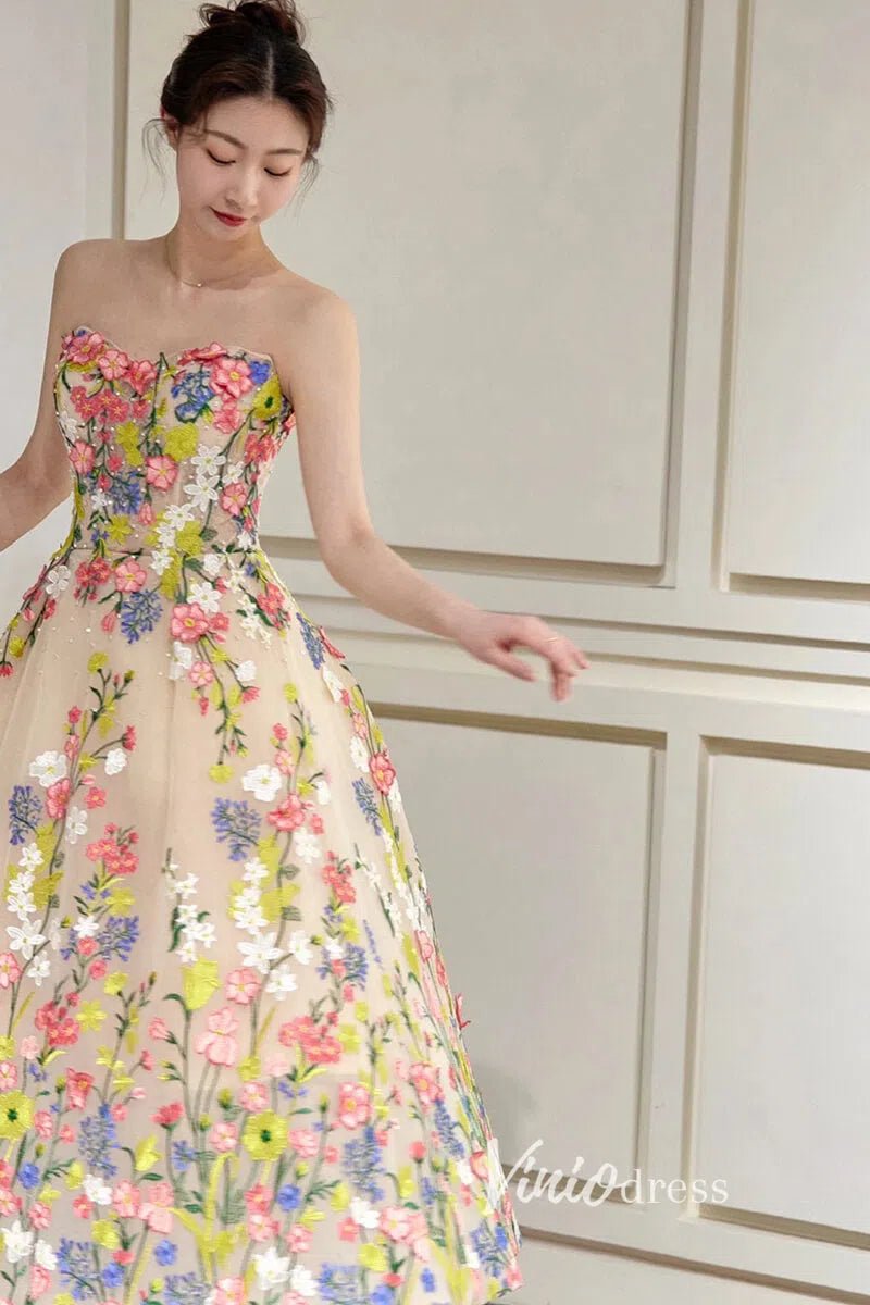 Strapless Tea Length Floral Prom Dresses with Crystals FD1353-prom dresses 2025 -Viniodress-Champagne-Custom Size-