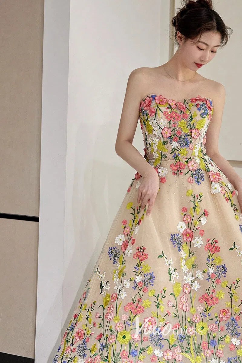 Strapless Tea Length Floral Prom Dresses with Crystals FD1353-prom dresses 2025 -Viniodress-Champagne-Custom Size-