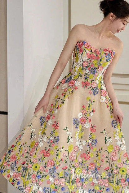 Strapless Tea Length Floral Prom Dresses with Crystals FD1353-prom dresses 2025 -Viniodress-Champagne-Custom Size-