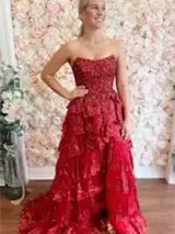 Strapless Tiered Prom Dresses with Slit Lace Applique Formal Dresses - FD3636s-prom dresses 2025 -Viniodress-Light Blue-Custom Size-