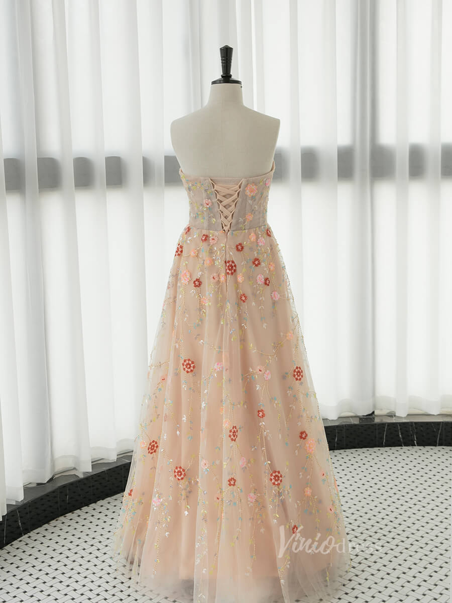 Stunning Beaded Lace Floral Prom Dresses Long Puffed Sleeve Formal Dress AD1077-prom dresses 2025 -Viniodress-Pink-Custom Size-