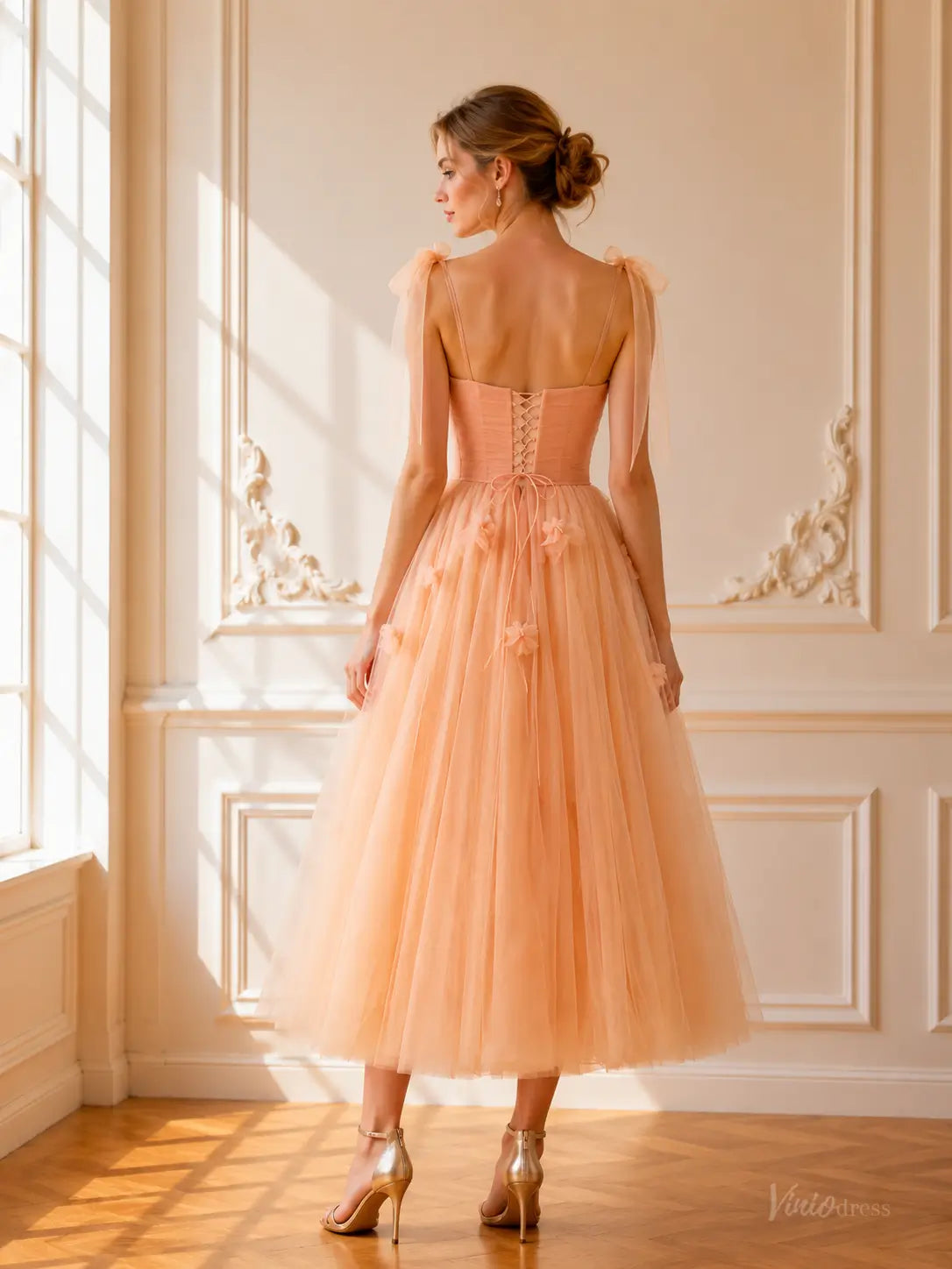 Peach Tulle Tea-Length Prom Dresses with 3D Flowers, Ruched Bodice & Corset Back TU028