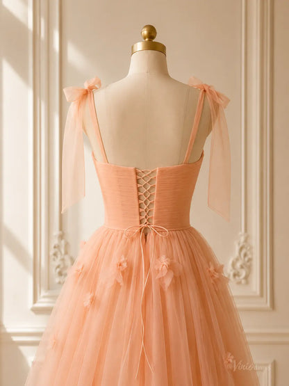 Peach Tulle Tea-Length Prom Dresses with 3D Flowers, Ruched Bodice & Corset Back TU028