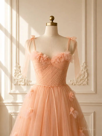 Peach Tulle Tea-Length Prom Dresses with 3D Flowers, Ruched Bodice & Corset Back TU028