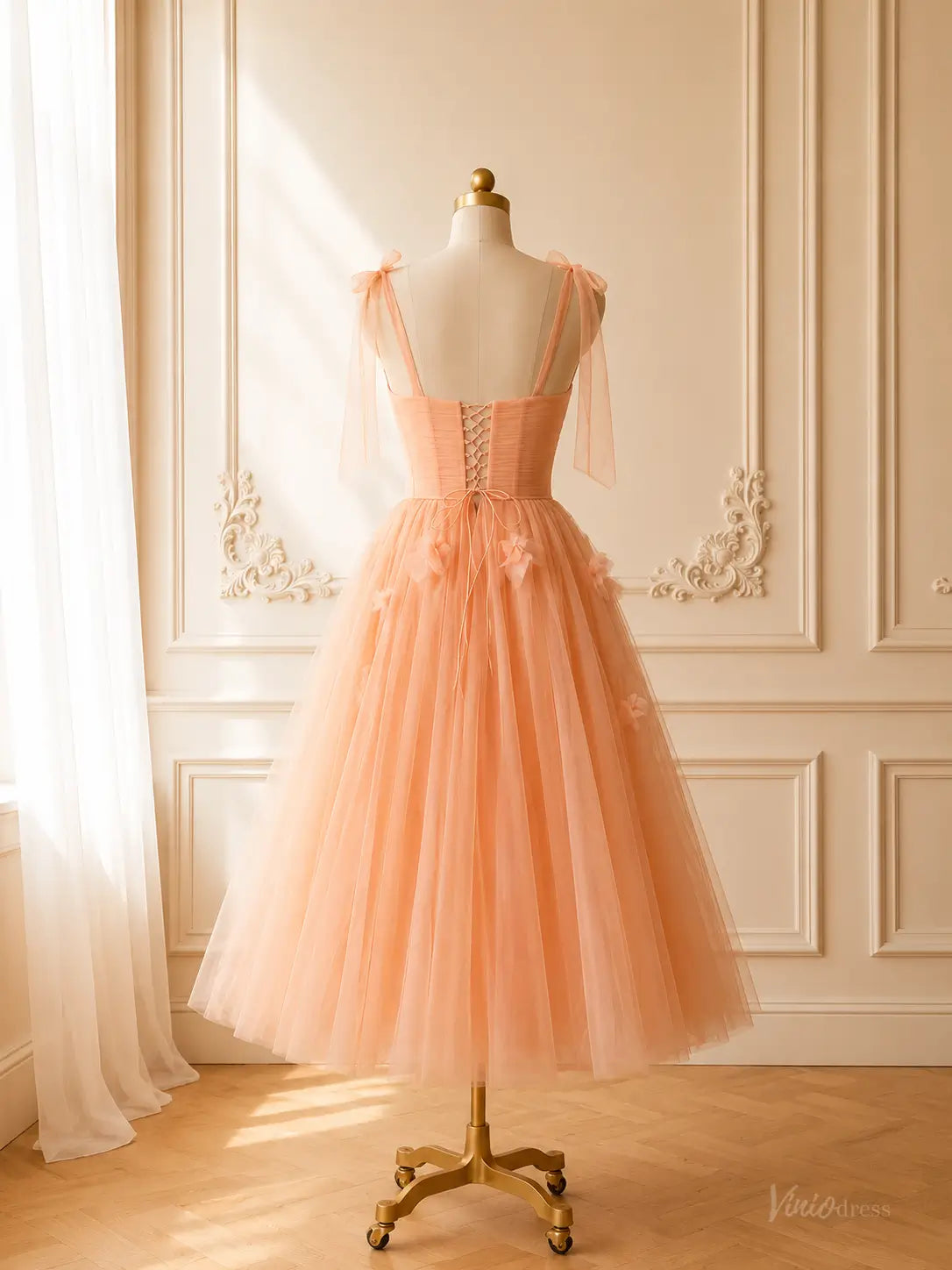 Peach Tulle Tea-Length Prom Dresses with 3D Flowers, Ruched Bodice & Corset Back TU028