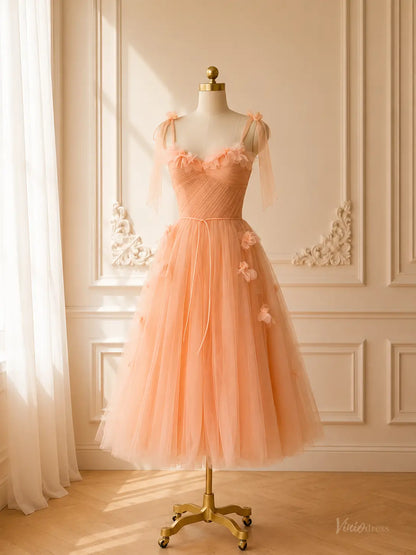 Peach Tulle Tea-Length Prom Dresses with 3D Flowers, Ruched Bodice & Corset Back TU028