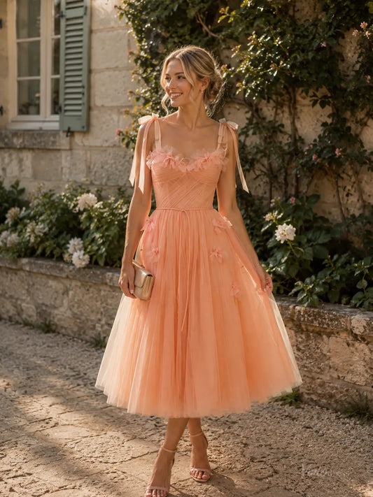 Peach Tulle Tea-Length Prom Dresses with 3D Flowers, Ruched Bodice & Corset Back TU028