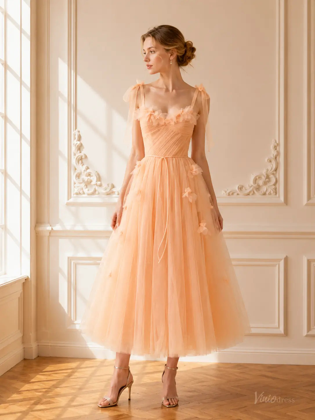 Peach Tulle Tea-Length Prom Dresses with 3D Flowers, Ruched Bodice & Corset Back TU028