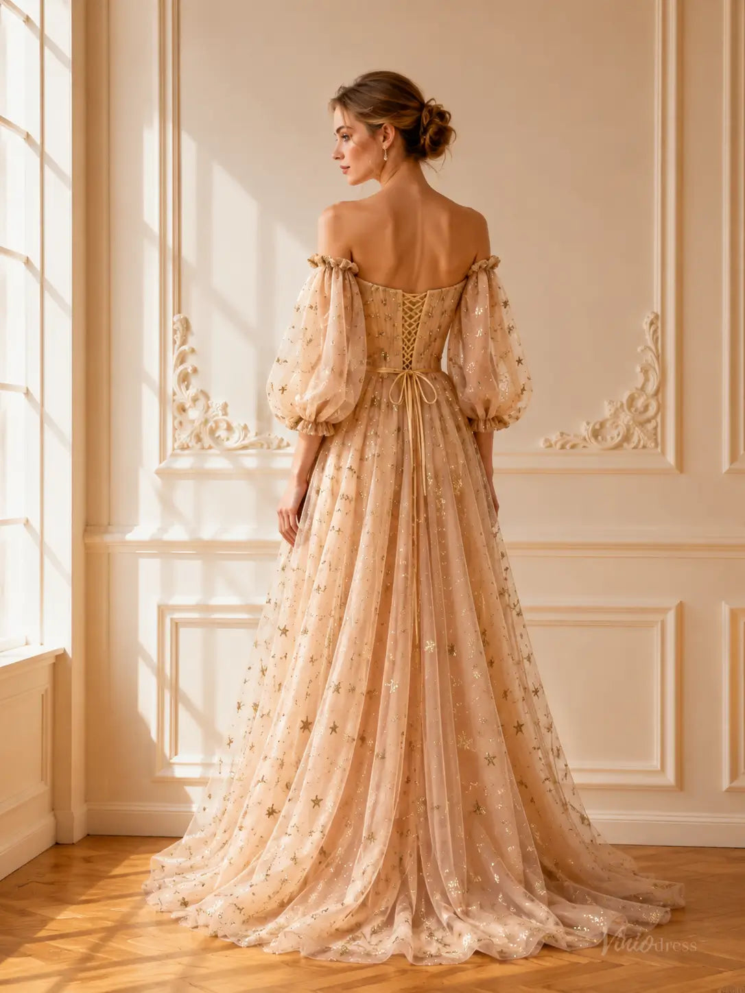 Champagne Star Tulle Prom Dresses with Puff Sleeves, Black Bows & Corset Back TU029