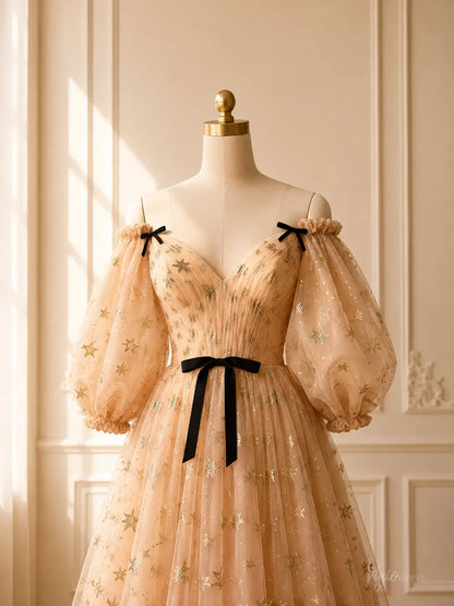 Champagne Star Tulle Prom Dresses with Puff Sleeves, Black Bows & Corset Back TU029