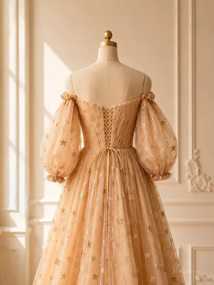 Champagne Star Tulle Prom Dresses with Puff Sleeves, Black Bows & Corset Back TU029