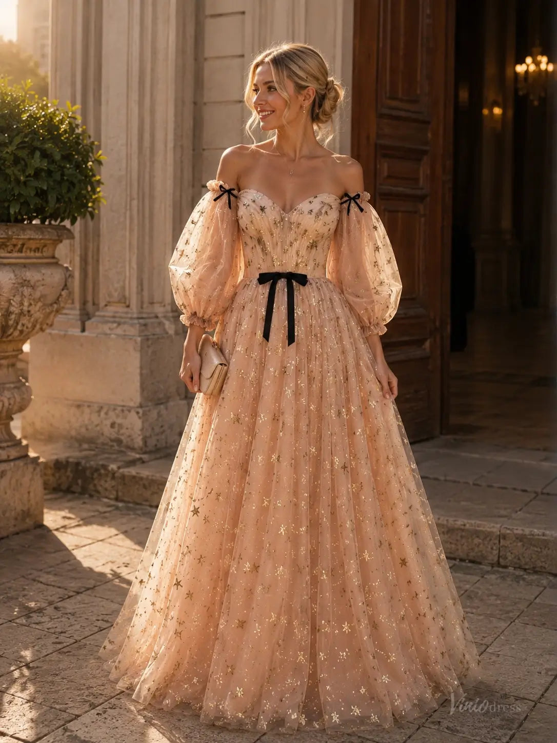 Champagne Star Tulle Prom Dresses with Puff Sleeves, Black Bows & Corset Back TU029
