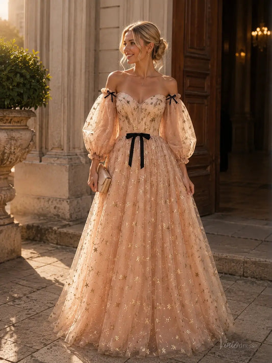 Champagne Star Tulle Prom Dresses with Puff Sleeves, Black Bows & Corset Back TU029