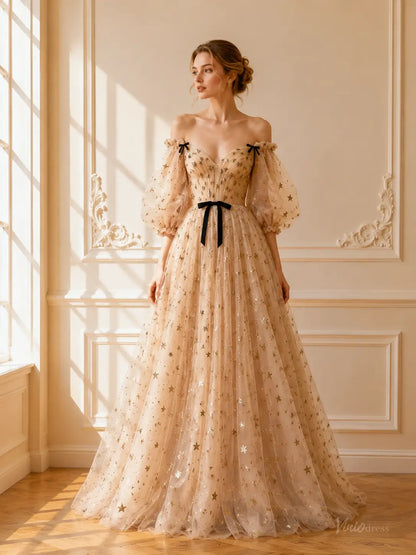 Champagne Star Tulle Prom Dresses with Puff Sleeves, Black Bows & Corset Back TU029