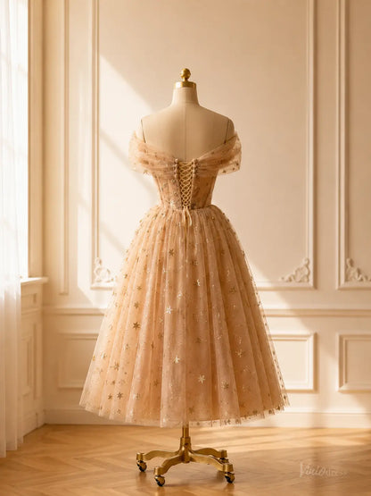 Champagne Star Tulle Tea-Length Prom Dresses with Off-Shoulder Sleeves & Corset Back TU030
